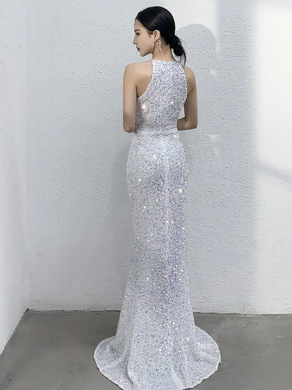 Glitzernden Ivory / Creme Pailletten Abendkleider 2021 Meerjungfrau Rundhalsausschnitt Ärmellos Sweep / Pinsel Zug Abend Festliche Kleider