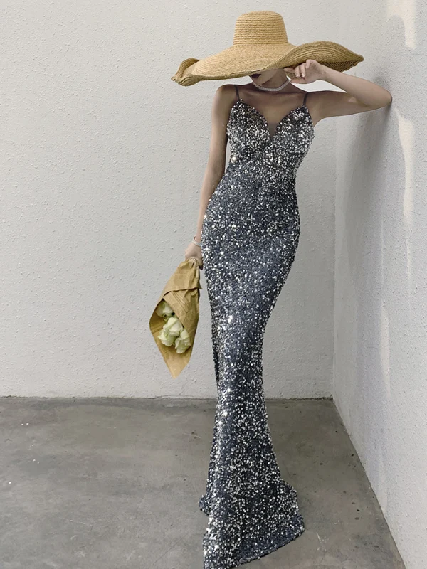 Sexy Glitter Oceaan Blauw Pailletten Avondjurken 2021 Trompet / Zeemeermin Spaghettibandjes Mouwloos Ruglooze Lange Gelegenheid Jurken