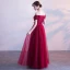 Chic / Beautiful Burgundy Prom Dresses 2018 A-Line / Princess Crystal Appliques Bow Off-The-Shoulder Backless Sleeveless Floor-Length / Long Formal Dresses