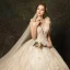 Charmant Champagner Brautkleider / Hochzeitskleider 2019 A Linie Durchsichtige Tiefer V-Ausschnitt Spitze Blumen Applikationen Ärmellos Rückenfreies Kathedrale Schleppe