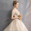 Audrey Hepburn Style Champagne Wedding Dresses 2019 A-Line / Princess Off-The-Shoulder Beading Pearl Lace Flower Short Sleeve Backless Cathedral Train