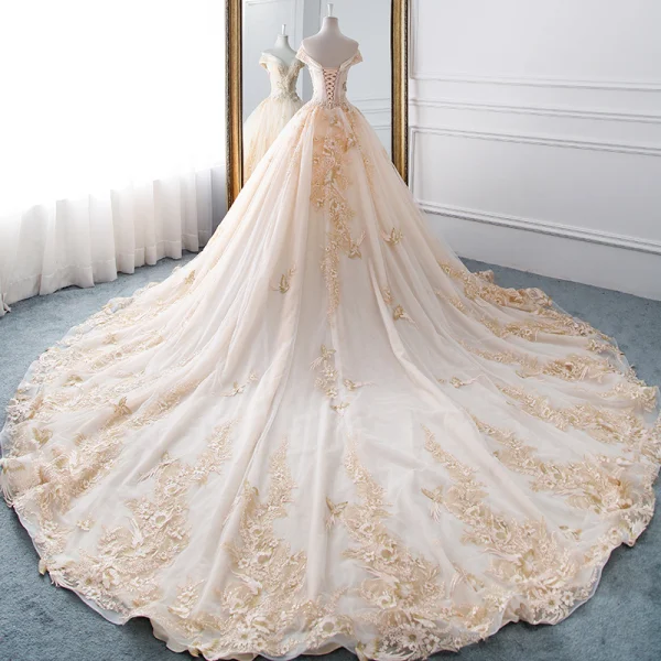 Charming Champagne Wedding Dresses 2019 A-Line / Princess Off-The-Shoulder Rhinestone Lace Flower Short Sleeve Backless Cathedral Train
