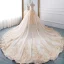 Charming Champagne Wedding Dresses 2019 A-Line / Princess Off-The-Shoulder Rhinestone Lace Flower Short Sleeve Backless Cathedral Train