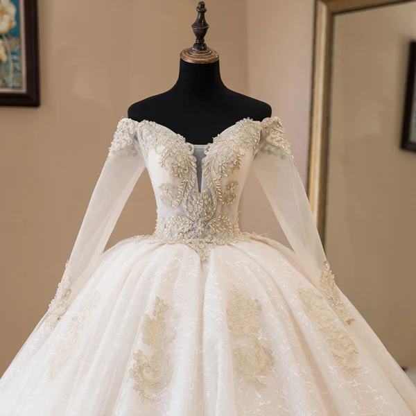 Elegant Champagne Wedding Dresses 2019 Ball Gown Off-The-Shoulder Beading Crystal Rhinestone Pearl Lace Flower Long Sleeve Backless Cathedral Train