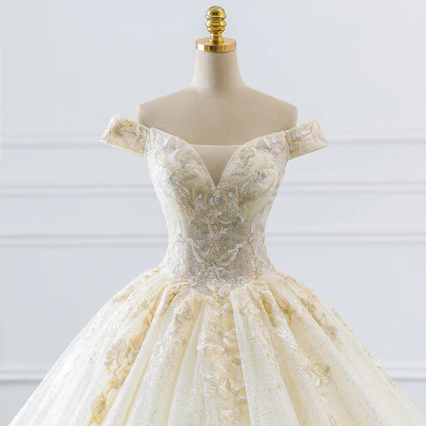 Elegant Champagne Wedding Dresses 2019 A-Line / Princess Off-The-Shoulder Sequins Lace Flower Short Sleeve Backless Cathedral Train