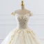 Elegant Champagne Wedding Dresses 2019 A-Line / Princess Off-The-Shoulder Sequins Lace Flower Short Sleeve Backless Cathedral Train