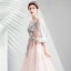 Elegant Blushing Pink Prom Dresses 2019 A-Line / Princess Scoop Neck Embroidered Appliques Pearl Rhinestone 3/4 Sleeve Sweep Train Formal Dresses