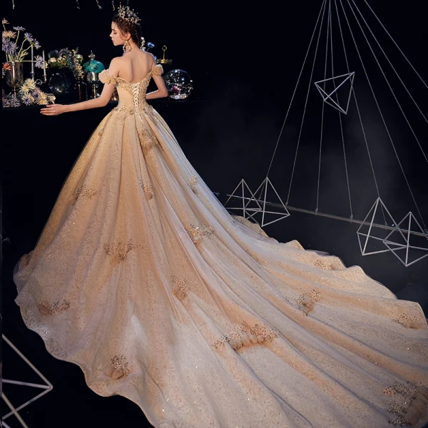 Luxury / Gorgeous Champagne Wedding Dresses 2019 A-Line / Princess Off-The-Shoulder Lace Flower Appliques Crystal Pearl Rhinestone Sequins Short Sleeve Backless Cathedral Train