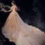 Luxury / Gorgeous Champagne Wedding Dresses 2019 A-Line / Princess Off-The-Shoulder Lace Flower Appliques Crystal Pearl Rhinestone Sequins Short Sleeve Backless Cathedral Train