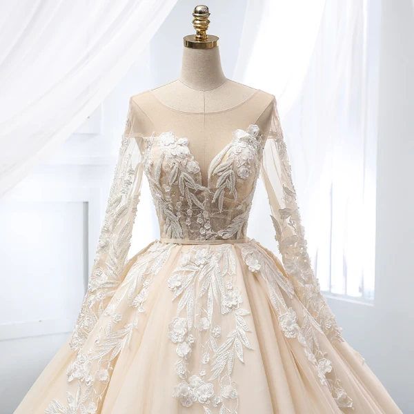 Chic / Beautiful Champagne Wedding Dresses 2019 A-Line / Princess Scoop Neck Lace Flower Appliques Beading Pearl Sequins Long Sleeve Backless Cathedral Train