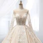 Chic / Beautiful Champagne Wedding Dresses 2019 A-Line / Princess Scoop Neck Lace Flower Appliques Beading Pearl Sequins Long Sleeve Backless Cathedral Train