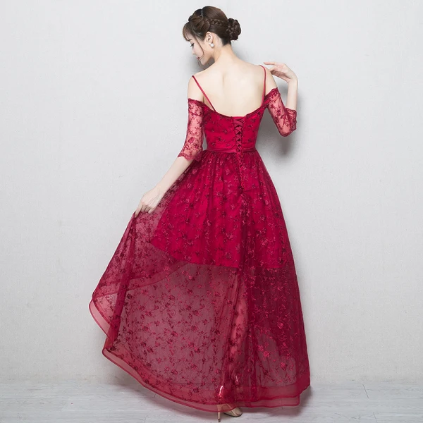 Chic / Belle Bordeaux Robe De Soirée 2018 Princesse En Dentelle Fleur Bretelles Spaghetti Dos Nu 3/4 Manches Asymétrique Robe De Ceremonie