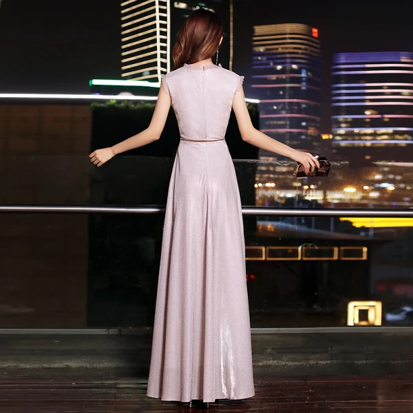 Chic / Beautiful Blushing Pink Evening Dresses 2019 A-Line / Princess Scoop Neck Glitter Polyester Sash Sleeveless Floor-Length / Long Formal Dresses