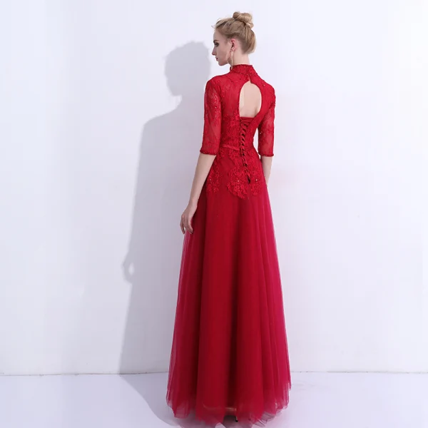 Chinese style Burgundy Evening Dresses 2019 A-Line / Princess High Neck Lace Flower Crystal Sequins Bow 1/2 Sleeves Backless Floor-Length / Long Formal Dresses
