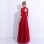 Chinese style Burgundy Evening Dresses  2019 A-Line / Princess High Neck Lace Flower Crystal Sequins Bow 1/2 Sleeves Backless Floor-Length / Long Formal Dresses