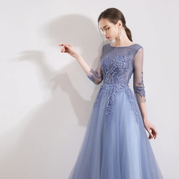 Chic / Beautiful Sky Blue Evening Dresses  2019 A-Line / Princess Scoop Neck Beading Sequins Lace Flower 3/4 Sleeve Floor-Length / Long Formal Dresses
