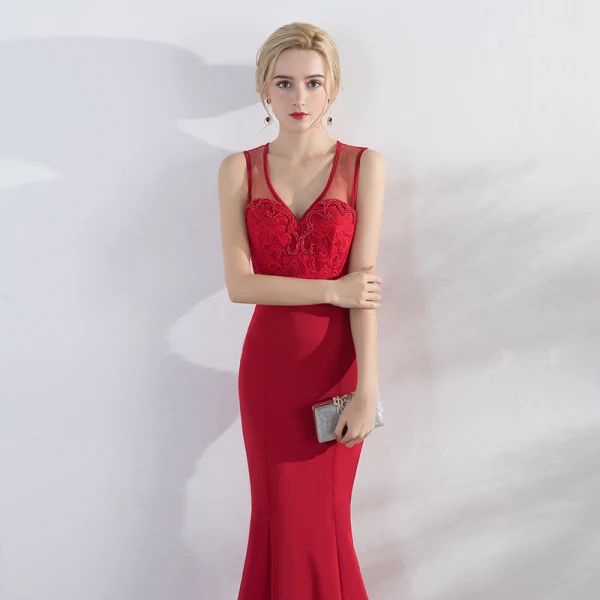 Chic / Belle Bordeaux Robe De Soirée 2019 Trompette / Sirène V-Cou En Dentelle Perlage Perle Sans Manches Longue Robe De Ceremonie