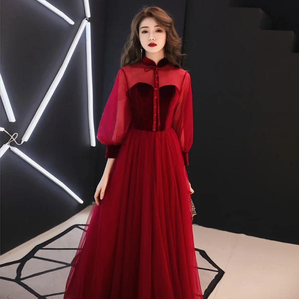 Élégant Bordeaux Robe De Soirée 2019 Princesse Col Haut Daim Noeud Manches Longues Dos Nu Longue Robe De Ceremonie