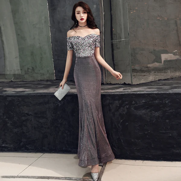 Glitzernden Grau Abendkleider 2019 Meerjungfrau Off Shoulder Glanz Polyester Pailletten Kurze Ärmel Rückenfreies Lange Festliche Kleider