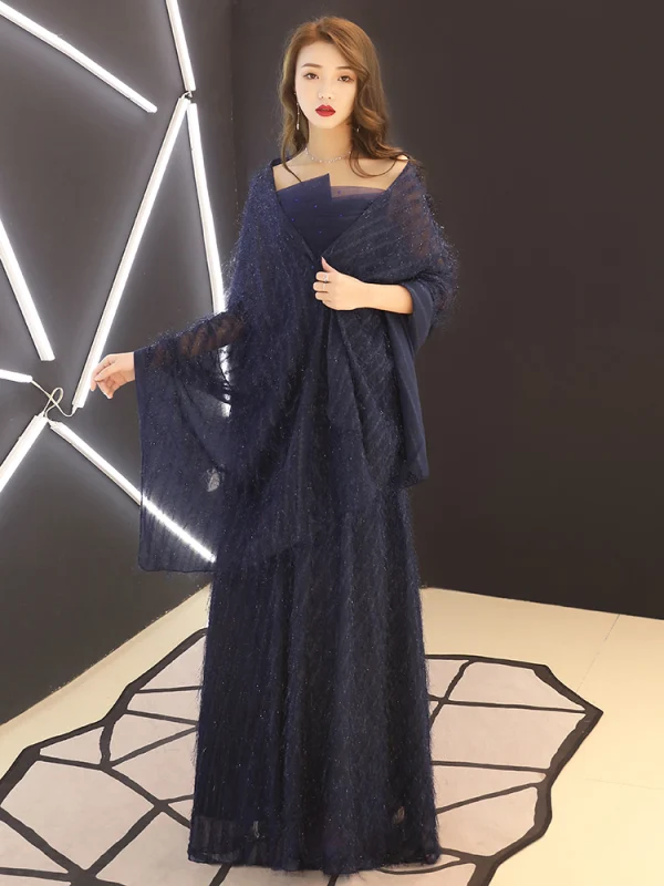 Chic / Beautiful Navy Blue Mother Of The Bride Dresses With Shawl 2019 A-Line / Princess Strapless Crystal Lace Flower Tassel Sleeveless Backless Floor-Length / Long