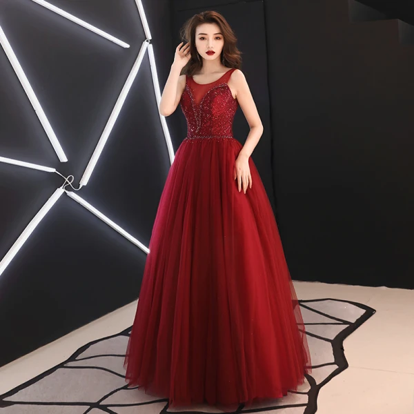Chic / Beautiful Burgundy Prom Dresses 2019 A-Line / Princess Scoop Neck Beading Crystal Sequins Sleeveless Backless Floor-Length / Long Formal Dresses