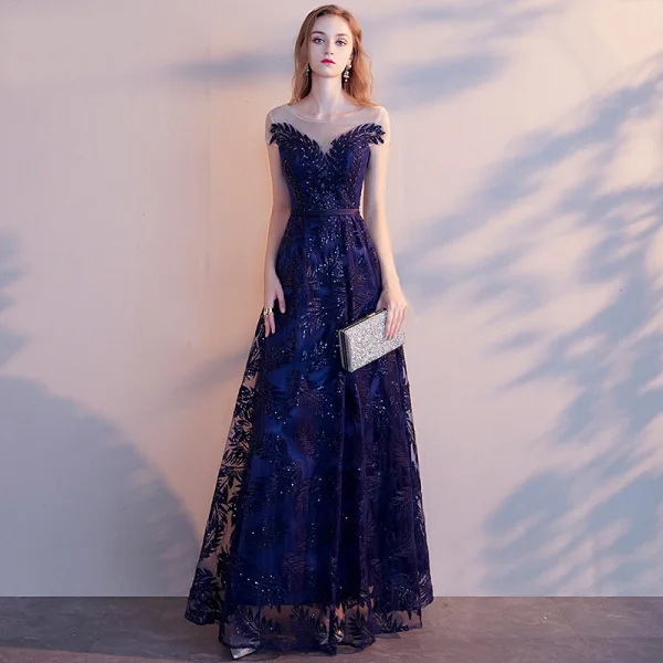 Chic / Beautiful Navy Blue Evening Dresses  2019 A-Line / Princess Scoop Neck Beading Sequins Lace Flower Sash Short Sleeve Backless Floor-Length / Long Formal Dresses