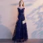 Chic / Beautiful Navy Blue Evening Dresses  2019 A-Line / Princess Scoop Neck Beading Sequins Lace Flower Sash Short Sleeve Backless Floor-Length / Long Formal Dresses