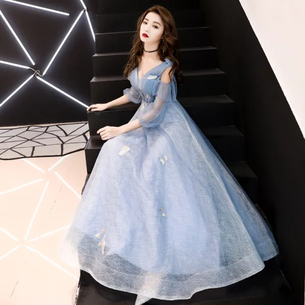 Chic / Beautiful Sky Blue Evening Dresses 2019 A-Line / Princess V-Neck Lace Flower 1/2 Sleeves Backless Floor-Length / Long Formal Dresses