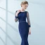 Chic / Belle Bleu Marine Robe De Soirée 2018 Trompette / Sirène Perlage Gland 3/4 Manches Encolure Dégagée Train De Balayage Robe De Ceremonie
