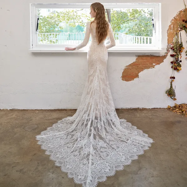 Elegant Champagne Lace Wedding Dresses Flower 2021 Trumpet / Mermaid High Neck Long Sleeve Court Train Wedding