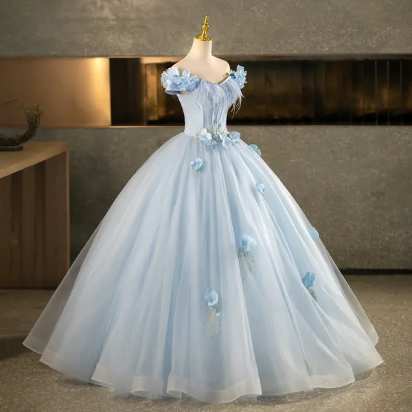 Elegant Sky Blue Beading Sequins Appliques Prom Dresses 2025 Ball Gown Off-The-Shoulder Tassel Short Sleeve Backless Floor-Length / Long Formal Dresses