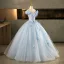Elegant Sky Blue Beading Sequins Appliques Prom Dresses 2025 Ball Gown Off-The-Shoulder Tassel Short Sleeve Backless Floor-Length / Long Formal Dresses