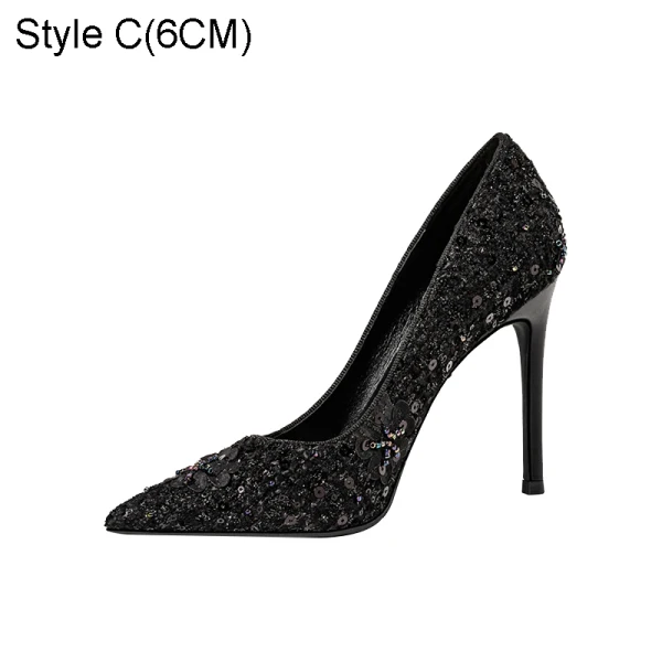 Charmant Noire Soirée Paillettes Escarpins 2021 10 cm Talons Aiguilles Cuir À Bout Pointu Escarpins Talons Hauts