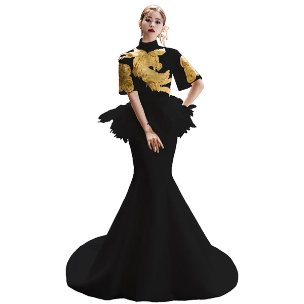 Chinese style Vintage / Retro Ivory Evening Dresses 2019 Trumpet / Mermaid High Neck Embroidered 1/2 Sleeves Backless Court Train Formal Dresses