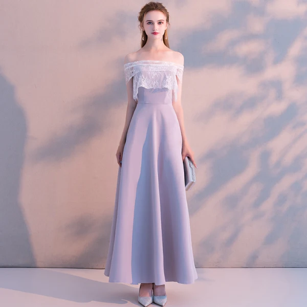 Elegante Lavendel Abendkleider 2019 A Linie Off Shoulder Spitze Kurze Ärmel Rückenfreies Lange Festliche Kleider