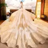 Luxury / Gorgeous Champagne Wedding Dresses 2019 A-Line / Princess Scoop Neck Beading Pearl Sequins Lace Flower 3/4 Sleeve Backless Royal Train