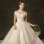 Élégant Champagne Robe De Mariée 2019 Princesse Col Haut Perlage En Dentelle Fleur Mancherons Dos Nu Cathedral Train