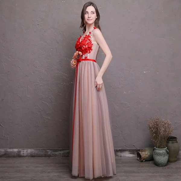 Chic / Beautiful Red Prom Dresses 2018 A-Line / Princess Appliques Crystal Bow V-Neck Backless Sleeveless Floor-Length / Long Formal Dresses