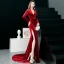 Chic / Beautiful Burgundy Evening Dresses  2019 Trumpet / Mermaid V-Neck Suede Long Sleeve Split Front Court Train Formal Dresses