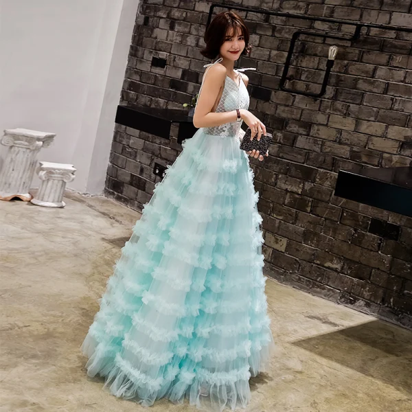 Modern / Fashion Jade Green Evening Dresses  2019 A-Line / Princess Bow Spaghetti Straps Ruffle Flower Sleeveless Backless Floor-Length / Long Formal Dresses