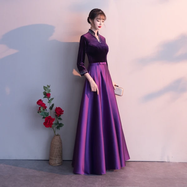 Vintage / Retro Grape Evening Dresses 2019 A-Line / Princess V-Neck Bow 3/4 Sleeve Floor-Length / Long Formal Dresses