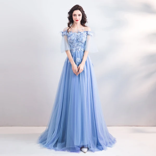 Chic / Beautiful Sky Blue Evening Dresses 2019 A-Line / Princess Off-The-Shoulder Lace Flower Pearl Rhinestone Short Sleeve Backless Floor-Length / Long Formal Dresses