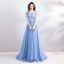 Chic / Beautiful Sky Blue Evening Dresses  2019 A-Line / Princess Off-The-Shoulder Lace Flower Pearl Rhinestone Short Sleeve Backless Floor-Length / Long Formal Dresses