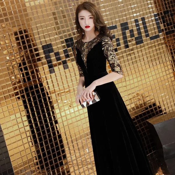 Elegant Black Evening Dresses 2019 A-Line / Princess Scoop Neck Sequins Suede 1/2 Sleeves Floor-Length / Long Formal Dresses