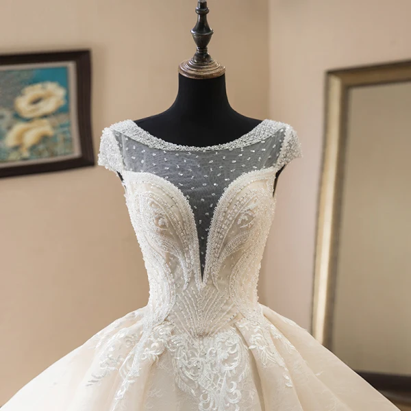 Luxury / Gorgeous Champagne Wedding Dresses 2019 A-Line / Princess Scoop Neck Beading Pearl Sequins Lace Flower Cap Sleeves Backless Cathedral Train