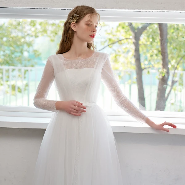 Simple Ivoire Robe De Mariée 2021 Princesse Encolure Dégagée Noeud En Dentelle Fleur Manches Longues Tribunal Train Mariage
