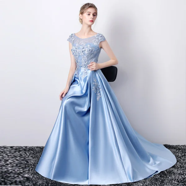 Chic / Belle Bleu Robe De Soirée 2019 Princesse Encolure Dégagée Appliques En Dentelle Fleur Faux Diamant Sans Manches Dos Nu Longue Robe De Ceremonie