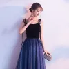 Charming Navy Blue Evening Dresses  2019 A-Line / Princess Suede Spaghetti Straps Bow Star Sleeveless Backless Floor-Length / Long Formal Dresses