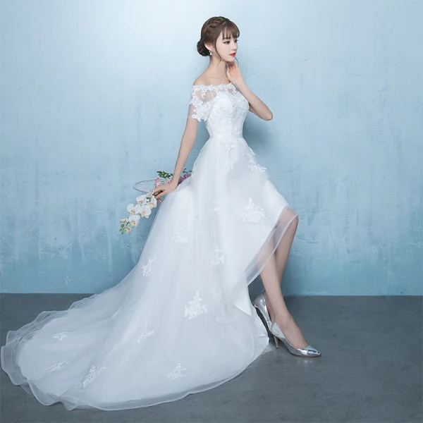 Elegant White Asymmetrical Wedding Dresses 2019 A-Line / Princess Off-The-Shoulder Sash Lace Flower Short Sleeve Backless