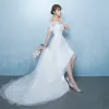 Elegant White Asymmetrical Wedding Dresses 2019 A-Line / Princess Off-The-Shoulder Sash Lace Flower Short Sleeve Backless
